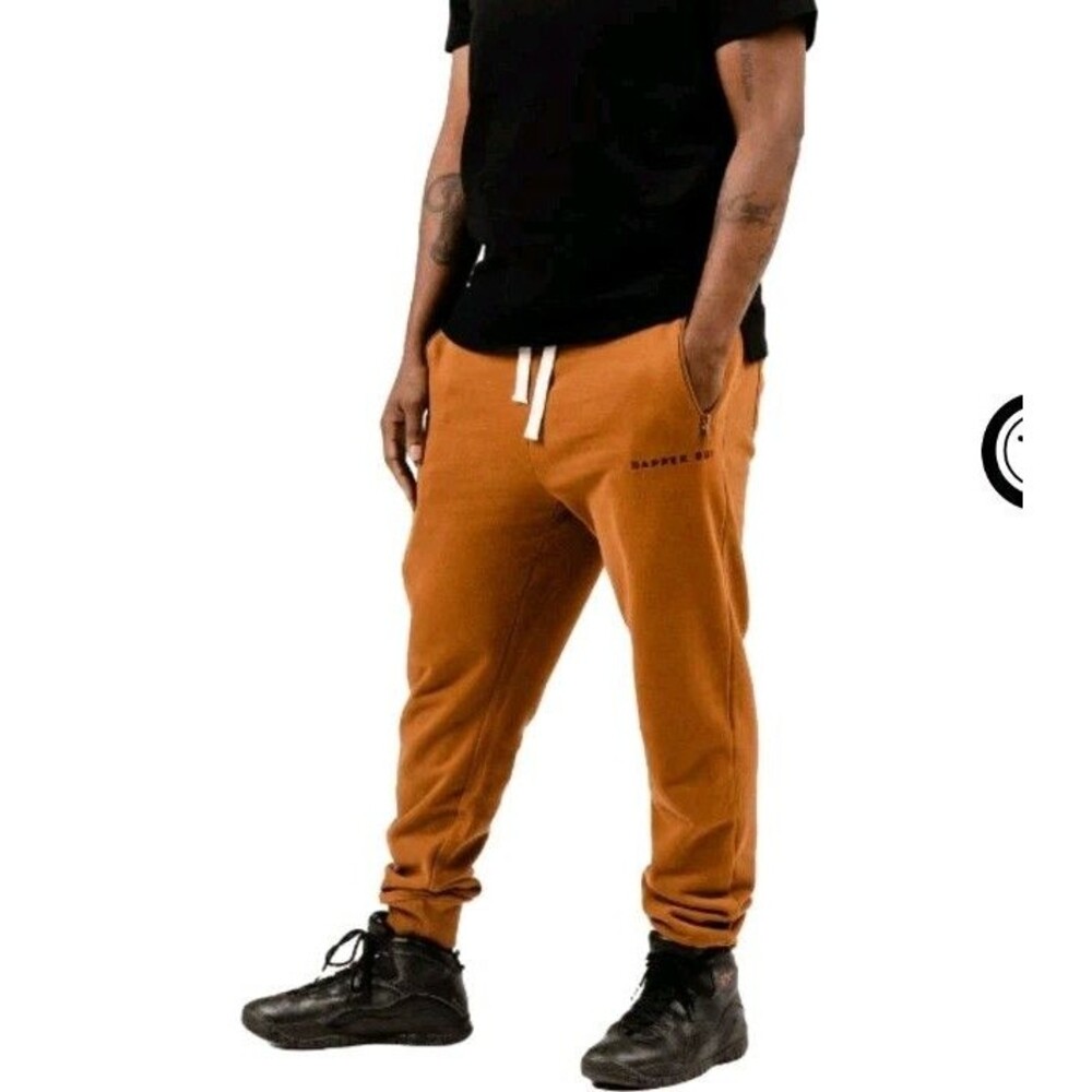 ​Dapper Boi Men's Sweatpants Joggers Large Camel Brown Zipper Pockets Drawstring
